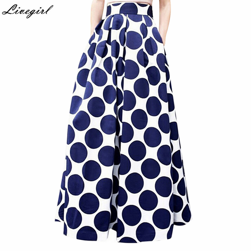 Mode Vintage taille haute à pois imprimé Maxi jupe automne décontracté élégant femmes jupe longue noir/bleu/rouge plissé