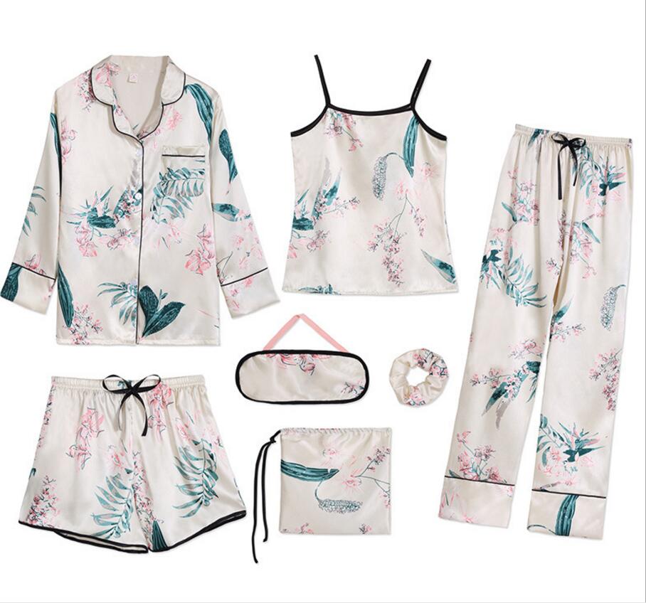 

7 pieces Pink pajamas sets satin silk lingerie, White
