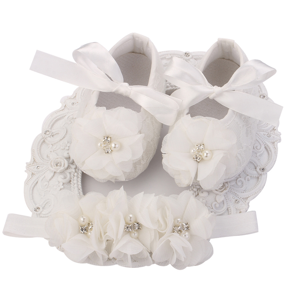 Fille Bébé Ivoire Baptême Chaussures De Baptême Croix Fleur Satin Bandeau Set