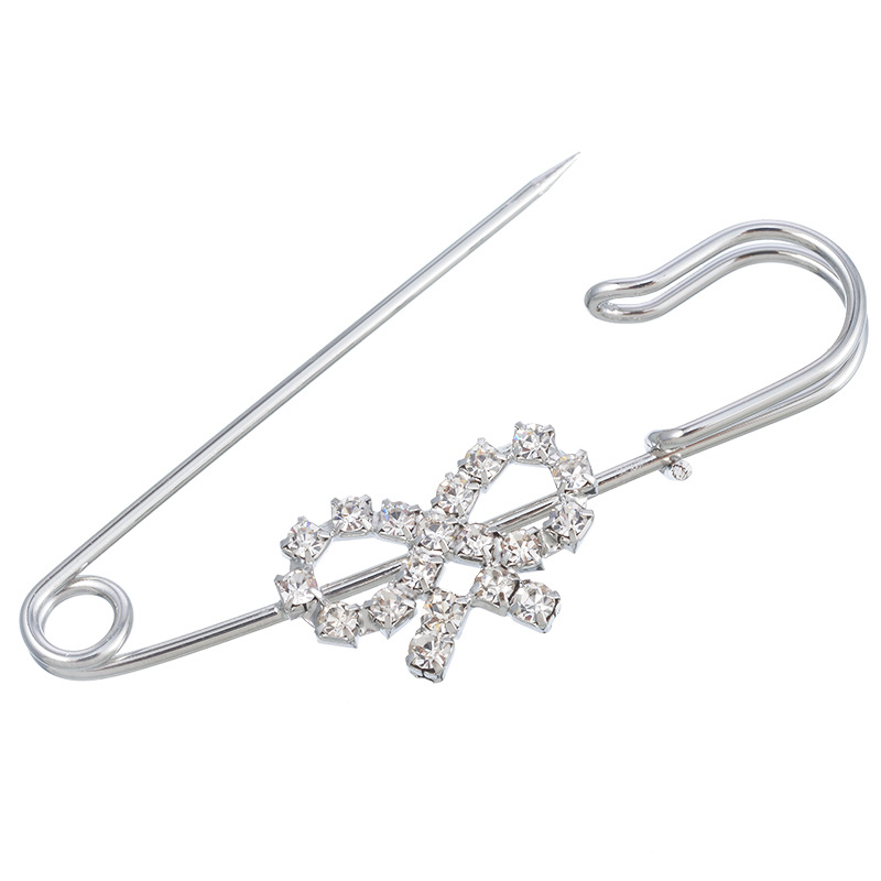 50 pcs/ lot Large Safety Pins Brooches pin 65*23mm Silver with clear rhinestone bowknot good for hijab pins and brooches-image-424033983