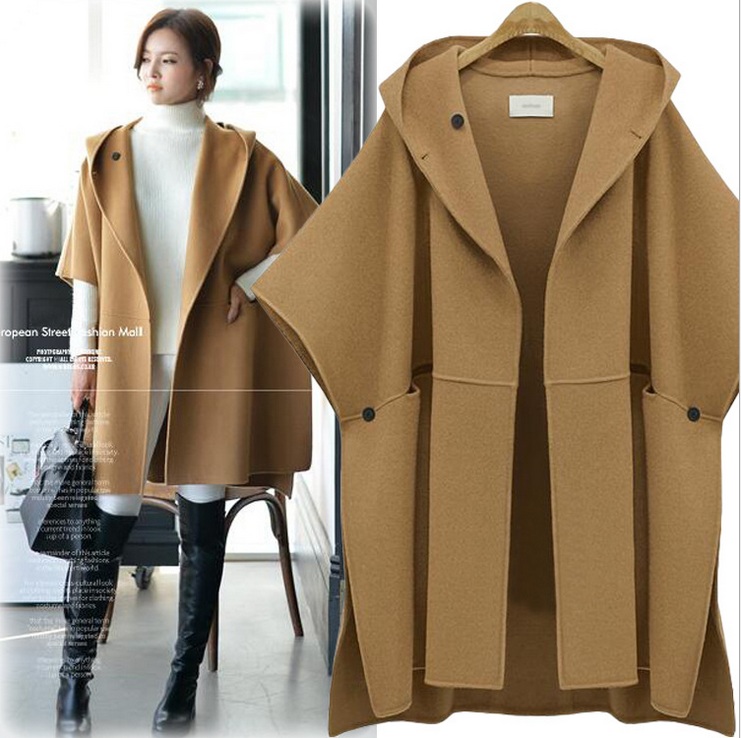 

2018 Hot Sale Women European Woolen Coat Hooded Women Batwing Sleeve Eatra Size Woolen Cape Loose Trench Coats 5XL, Black