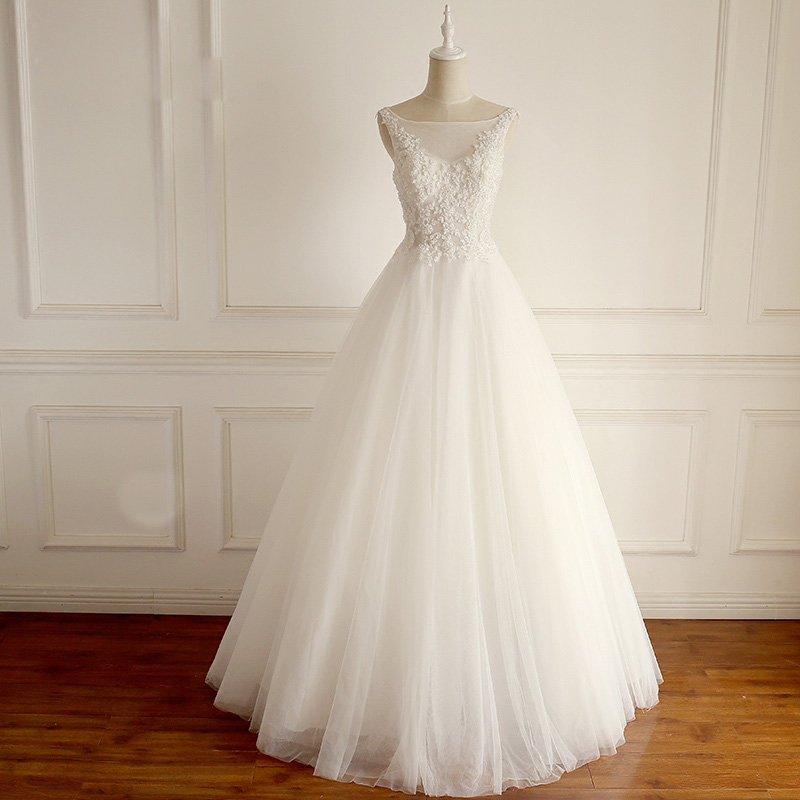 

Vintage Wedding Dresses Ball Gown Scoop Sheer with Applique Lace-up Back Floor Length Bridal Gowns vestido de novia, Ivory
