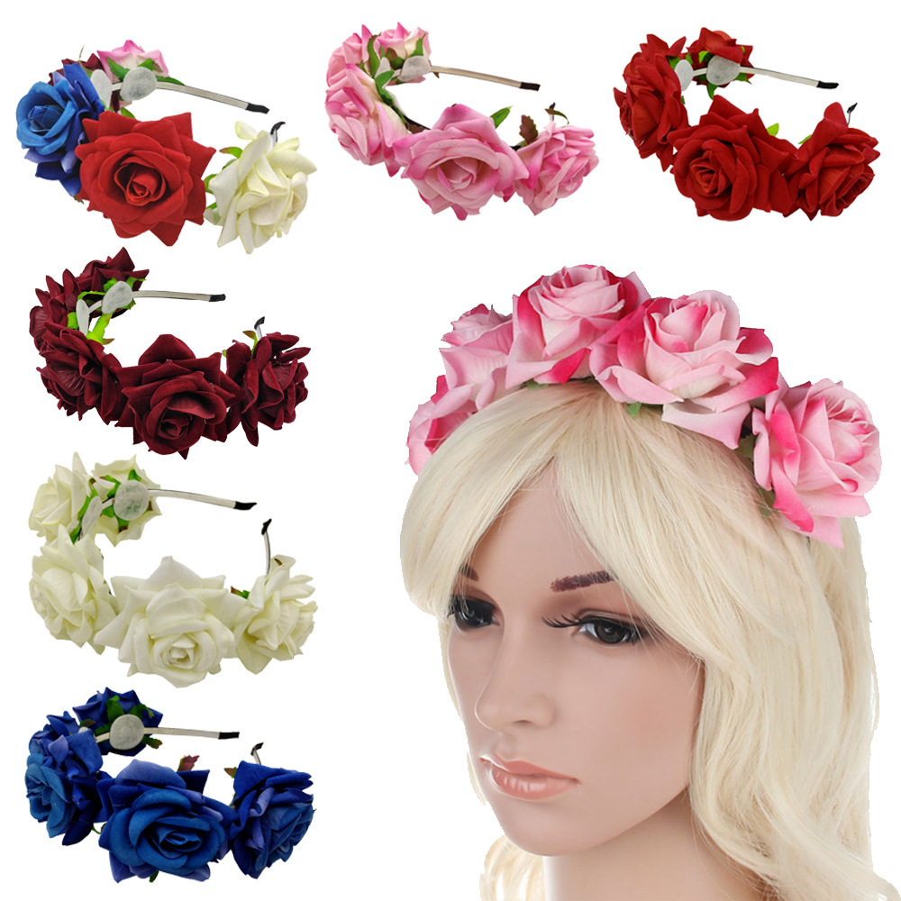 

Bohemian Rose Flower Wreath Garland Crown Festival Wedding Bridal Bridesmaid Floral Headband BOHO Headdress Headpiece Hair Accessories, As pic