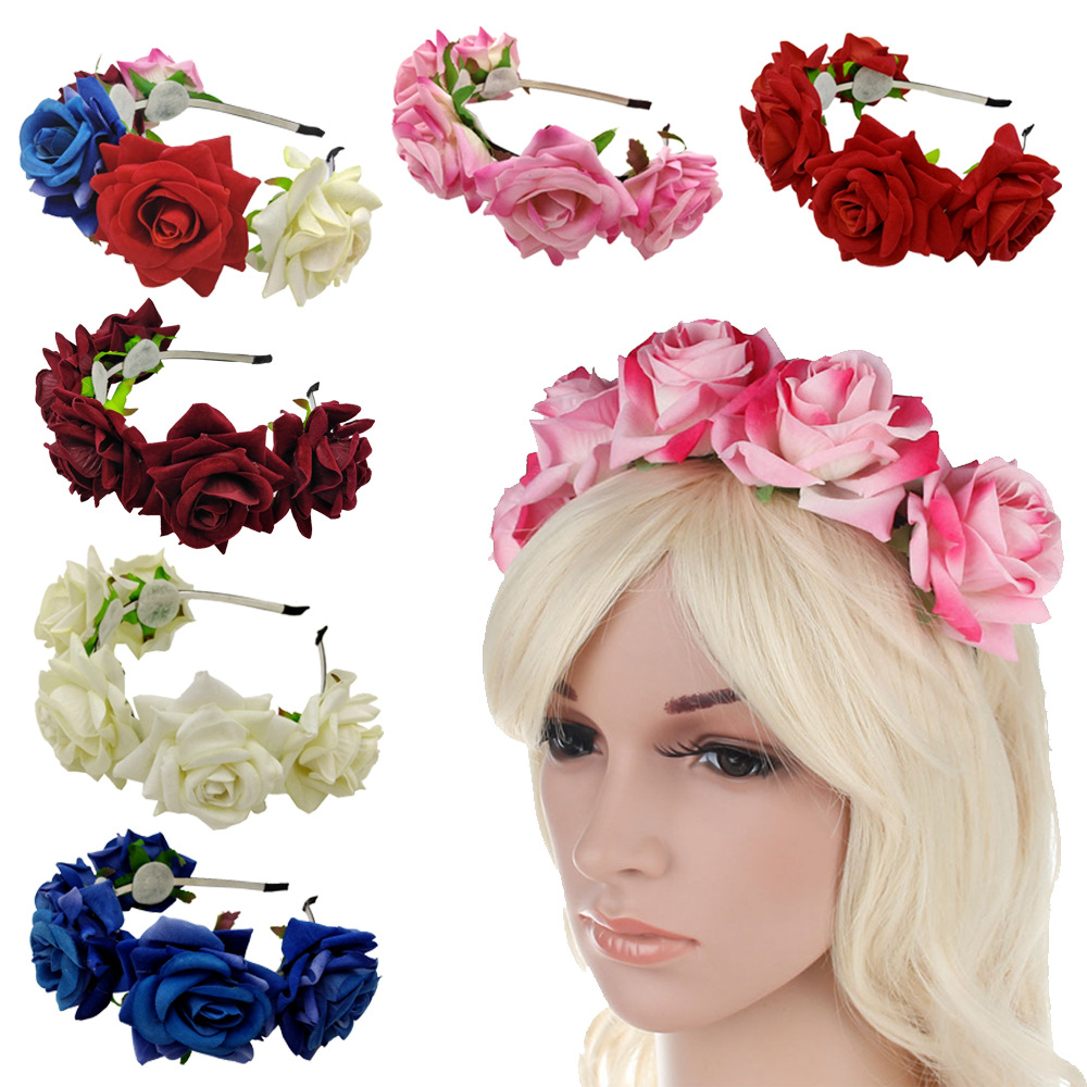 Women Lady BOHO Silver Leaf Beach wedding Rose Hair Headband crown Prop Garland
