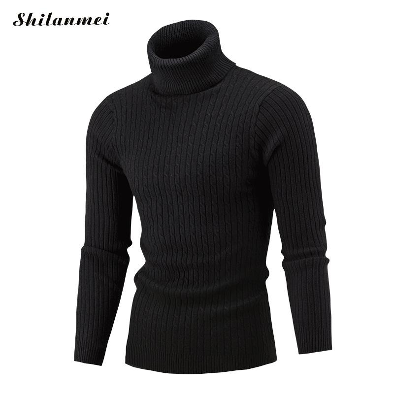 2018 Autumn Winter Wool Cotton Sweaters Men Slim Knitted Sweaters Turtleneck Long Sleeve Warm Pullovers Black Casual Pull Homme