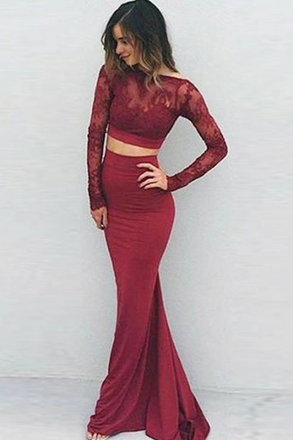 Two Piece Modest Mermaid Prom Dress New Burgundy Long Illusion Sleeve Muslim Lace Custom Made Formal Evening Gowns Backless Best Sale