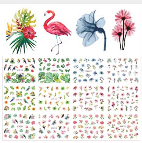 

12pcs Designs Water Nail Decals Sticker Summer Jungle Flamingo Parrot Flora Watermark Nail Decoration Wraps Manicure
