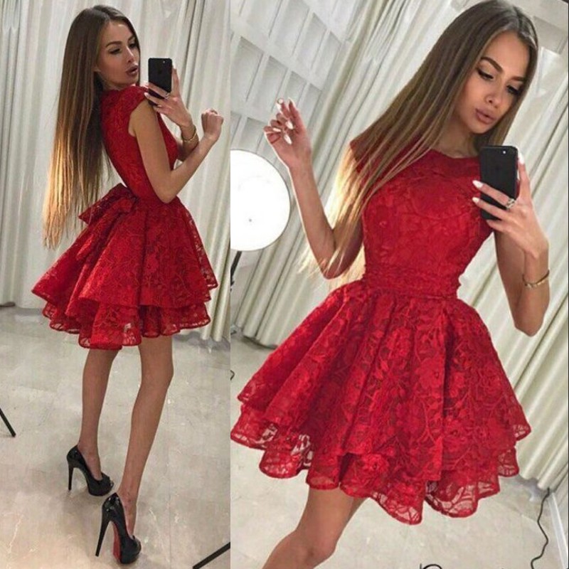

Lovely Tiered Red Cocktail Dresses A-Line Round Neck Cap Sleeves Short Prom Dresses Stylish Lace Tiered Homecoming Dress with Bowknot, Black