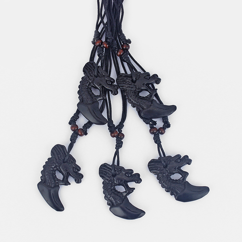 

Dropshiiping 12pcs Faux Yak Bone Black Resin Dragon Pendant Necklace Surfer Black Wax Cotton Cord Adjustable, Silver