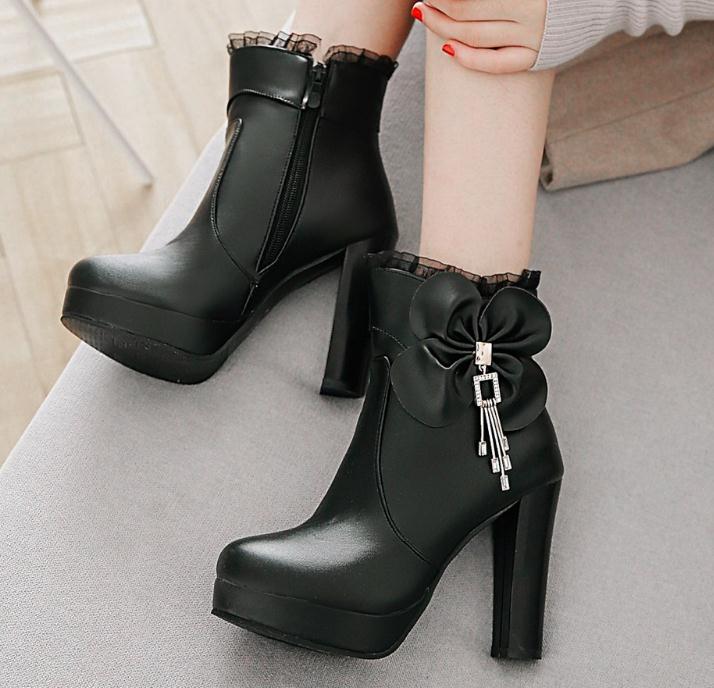 

Free send 7cm and 10cm high heeled women boots Coarse heel Short tube boots 2018 new style autumn and winter, Black