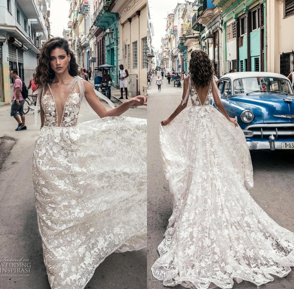 

A-Line Wedding Dresses Cuba African Sexy Deep V Neck Backless Dresses Full Lace Floral Appliques Wedding Dress Beach Bridal Gowns, Custom made from color chart