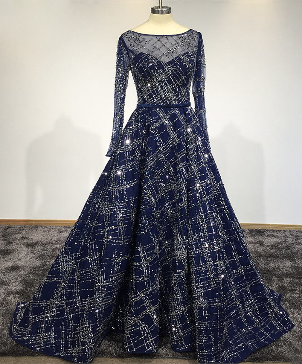 Fashion 2019 Sexy Scoop Sheer Neck Women Evening Gowns Shining Luxury Princess Star Embroidery Long Sleeves Illusion Dresses for Pageant Hot