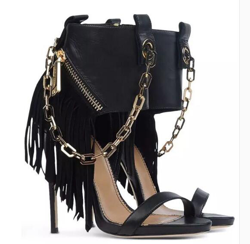 

Women Fashion Black Leather Gold Chain Design Gladiator Sandals Ankle Wrap Tassels High Heel Sandals Knight Zipper-up Shoes
