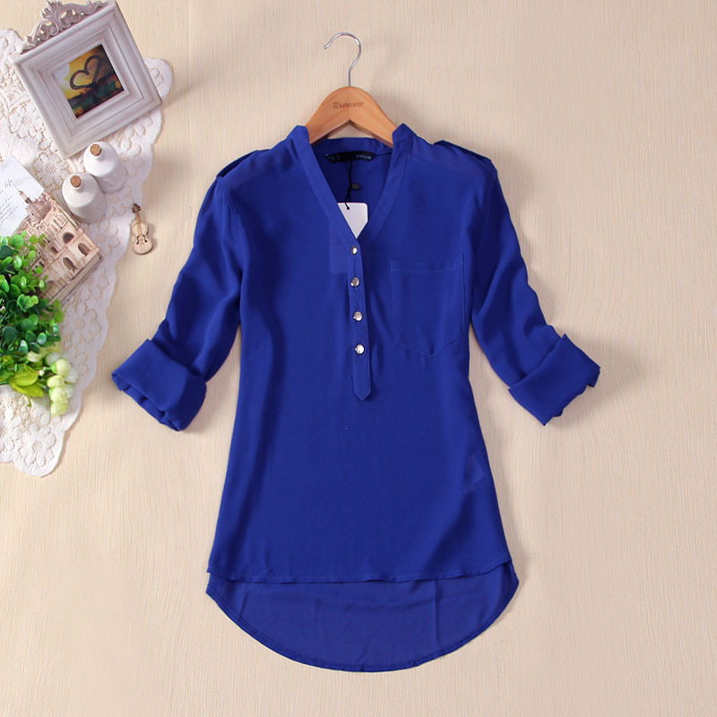 

European Women Summer V Neck Half Sleeve Buttons Casual Blue Long Tops Plus Size - 2XL Fashion Chiffon Blouse Shirts