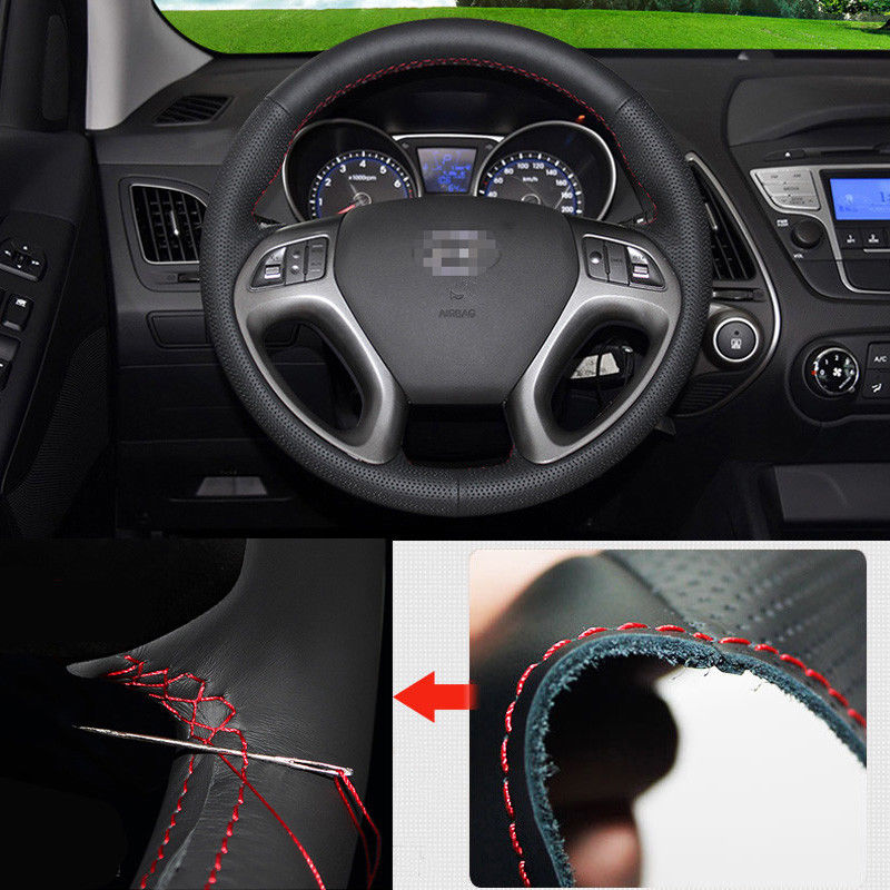 For Hyundai Ix35 DIY Steering Wheel Hand-stitch on Wrap Cover Top Black Leather-image-413371871