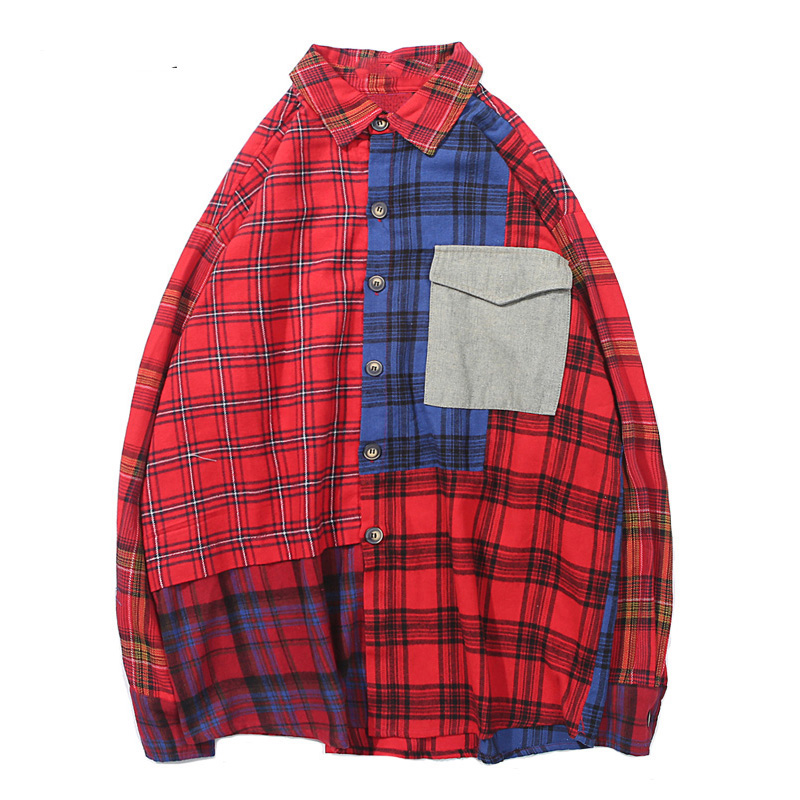 

Plaid Casual Button Shirts Men Spring Autumn Cotton Patchwork Hip Hop Long Sleeve Shirt With Cuff Links Streetwear, Red