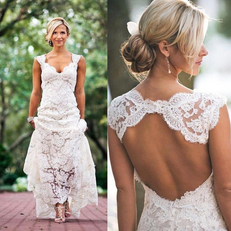2019 New Full Lace Wedding Dresses Country Style Pluging V-neck Cap Sleeves Keyhole Back A Line Vintage Custom Made Bridal Gowns Vestios