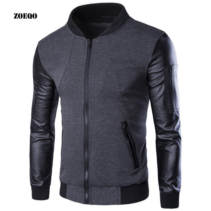 

ZOEQO Men Hoodies Patchwork Leather Sleeve casual Sweatshirt Men Jacket Coat Tracksuits For Mens Masculino, Gray