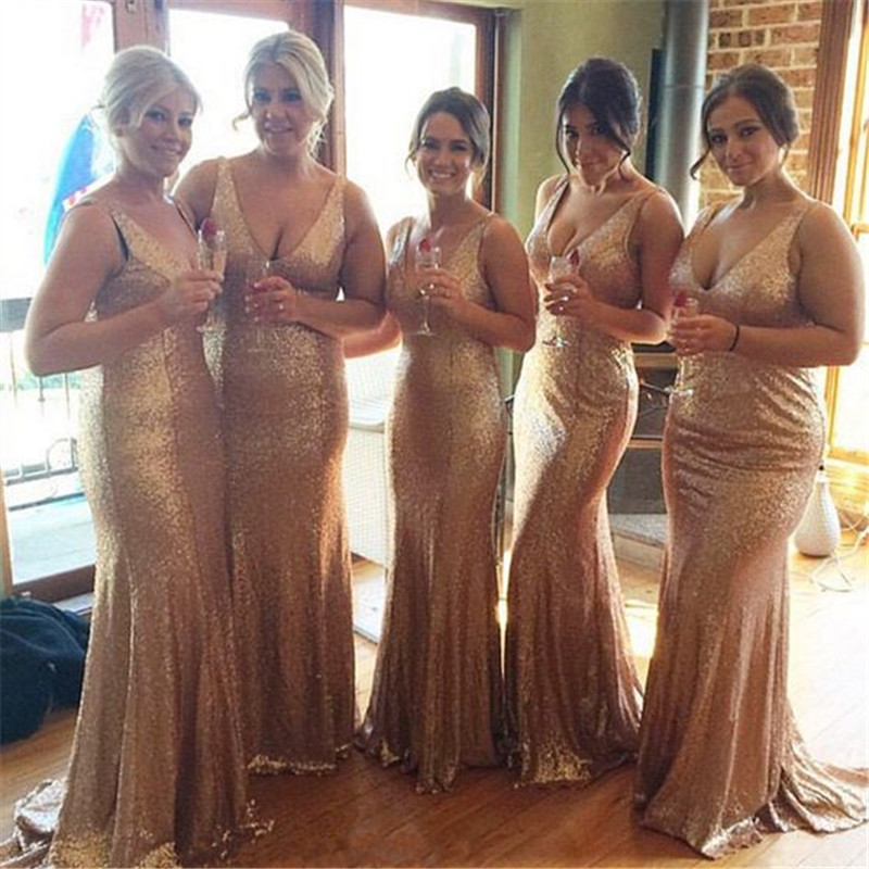 

Gold Sequined Bridesmaid Dresses Royal Blue,Red, Champagne Sexy Mermaid Bridesmaid Dress Sweep Train Zipper Back Long Party Dress Cheap
