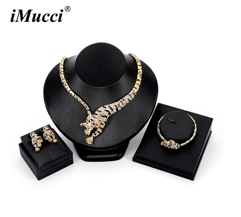 

iMucci Individuality New Women Golden Colour Tiger Shape Wild Style Jewelry Sets Necklace/Earring/Bracelet Party Accessories, As pic