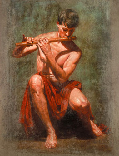 

Handpainted & HD Print Portrait Art Oil Painting nude strong young man playing flute on Canvas office Wall art culture Multi Sizes p319