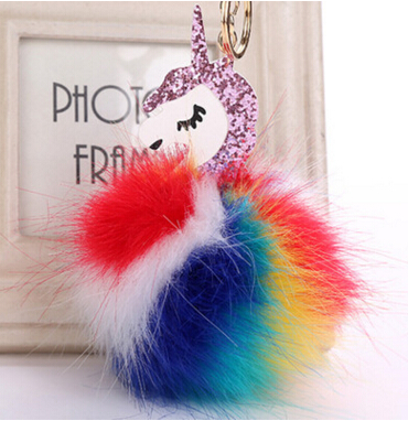 

Hot Fluffy Unicorn Pony Keychain Pendant Cute Pompom Artificial Rabbit Fur Key Chain Bag Car Key Ring Hang Bag Jewelry PU Unicorn Key Ring
