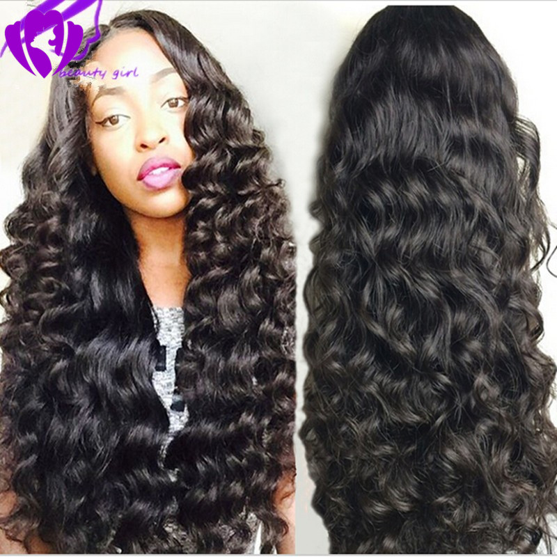 

12-30inches long Black loose wave Body Wave Hair Synthetic Lace Wigs Glueless 180 Density Synthetic Lace Front Wigs for africa american, Natural color