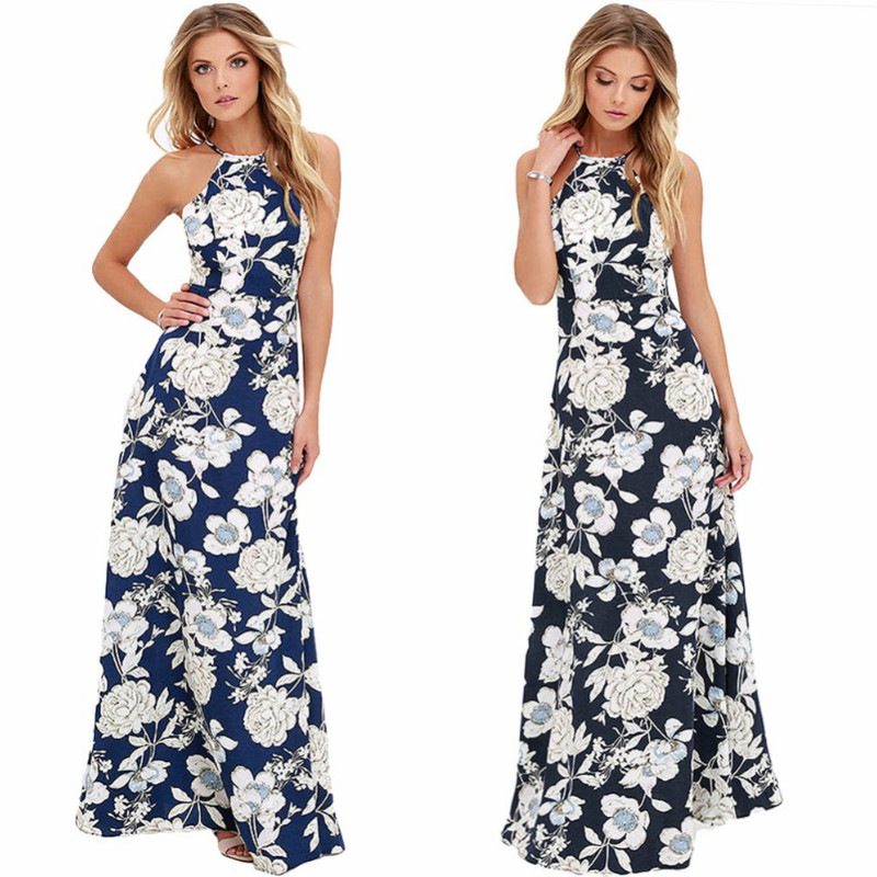 2018 Sexy Femmes Floral Print Maxi Boho Robe Halter Cou Sans Manches Dos Nu Été Longue Robe De Vacances Plage Robes De Soirée Robes De Soirée