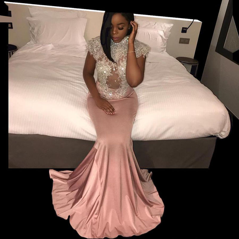 

Sparkly Cap Sleeve High Neck Beaded African Mermaid Prom Dresses See Through Floor Length Long Prom Party Dresses Custom Made Evening Gowns, Same as picture