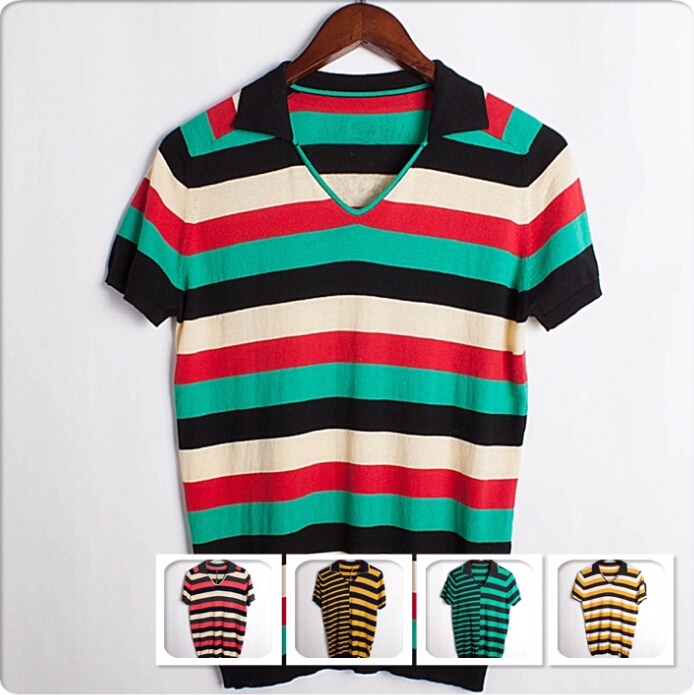 Short Sleeved Men's T-Shirt NEW Stripes Lapel Neck T-shirt Men Cotton Casual Sweaters