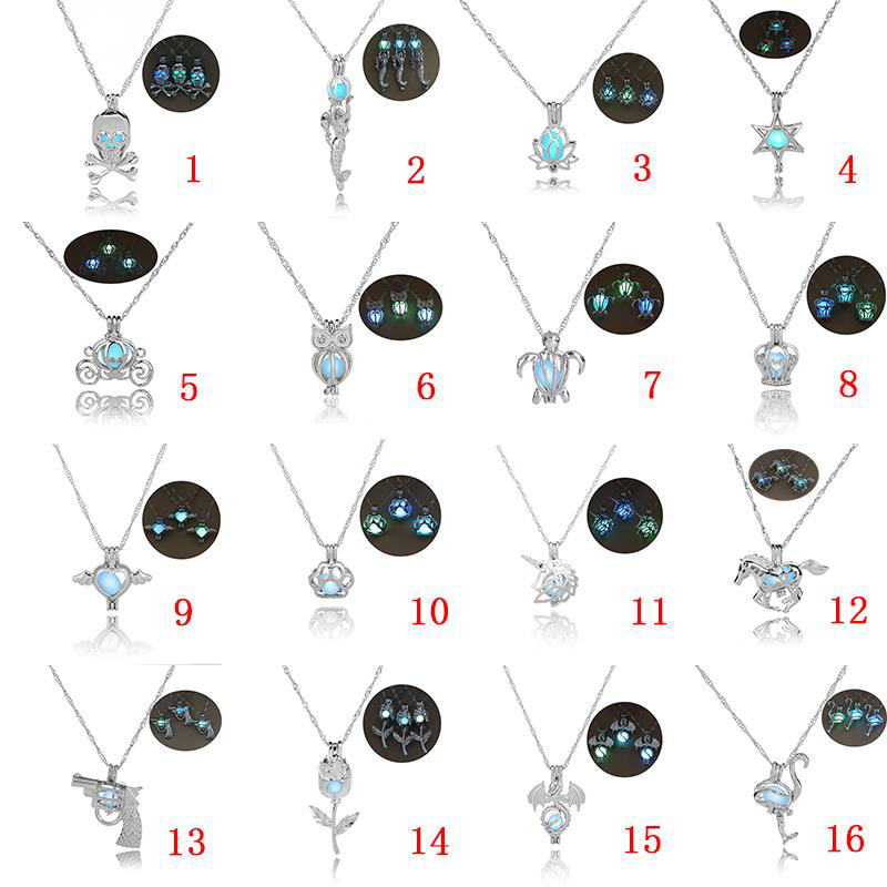 

16 designs Luxury Glow in the dark stone necklace Open 3 colors luminous pearl cage pendant necklaces For women Ladies Fashion Jewelry