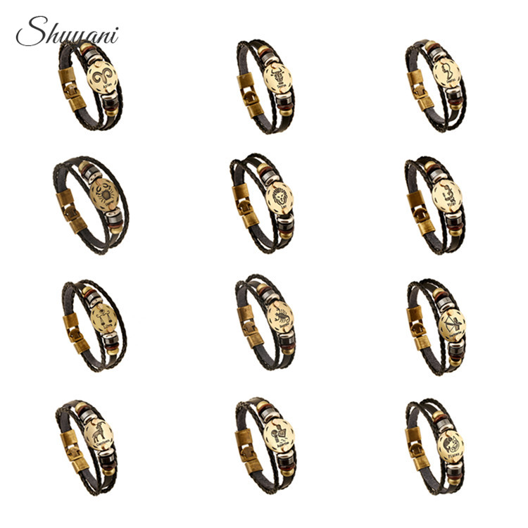 

Fashion Bronze Alloy Buckles 12 Zodiac Signs Bracelet Constellations Leather Bracelet Wooden Bead Charms Jewelry