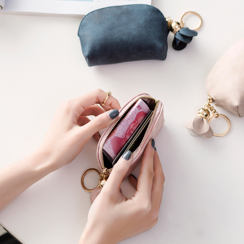 

BONAMIE Women Leather Small Mini Wallet Holder Lady Zipper Cute Coin Purse Girl Clutch Money Bag Key Holder Flower Tassel