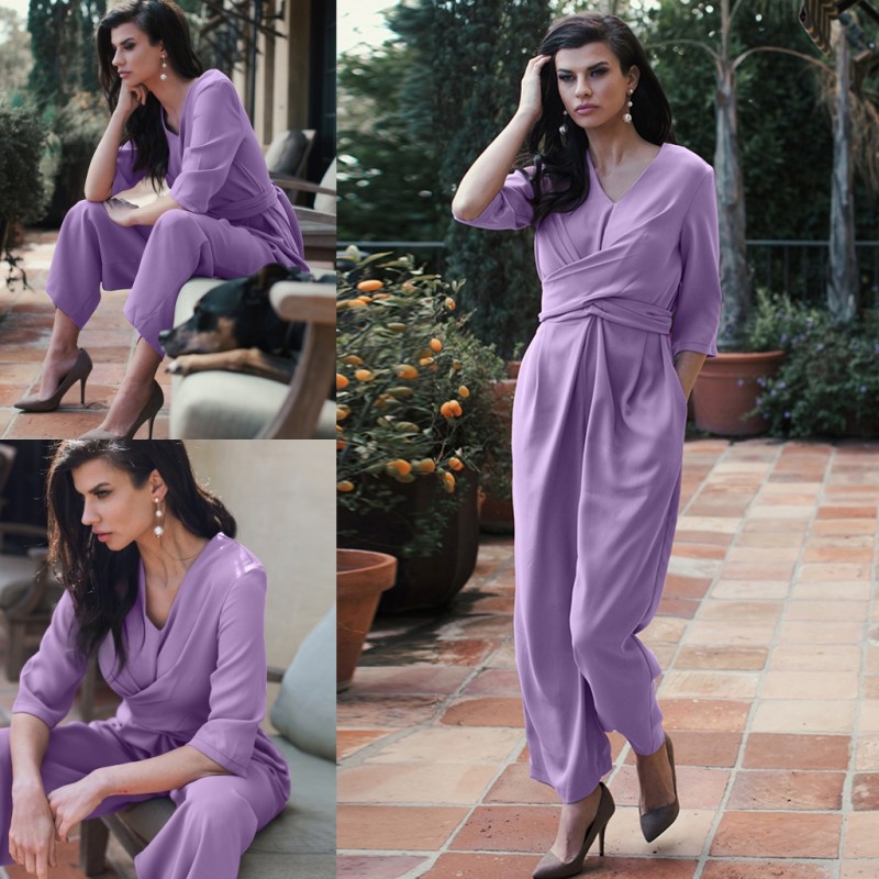 

Fashion Lavender Mother of the Bride Pants Suit V Neck 3/4 Sleeve Ruffles Wedding Guest Dress Custom Made Formal Evening Gowns