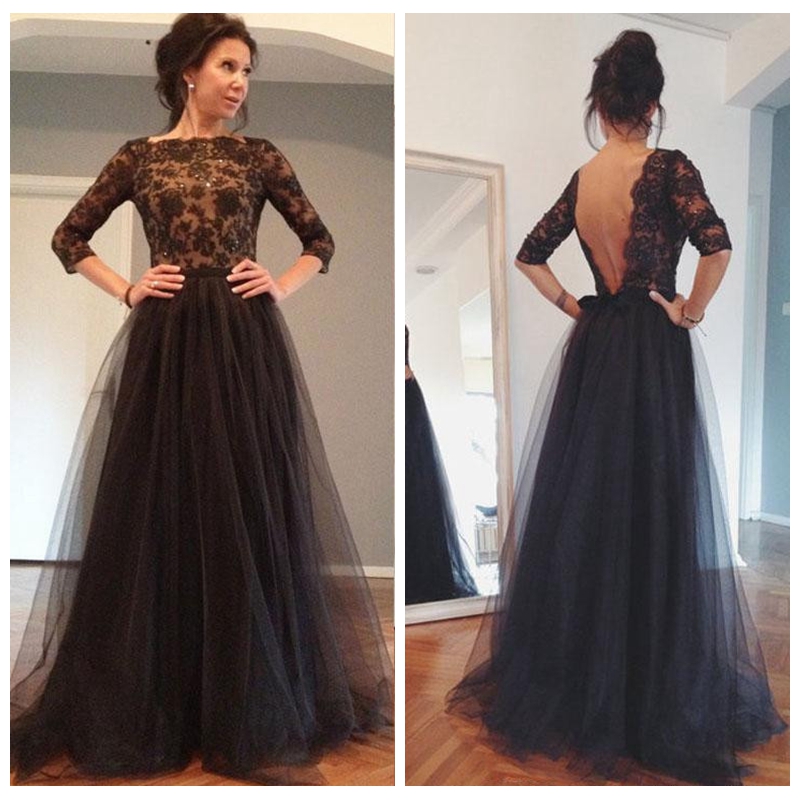 

Black A Line Dresses Evening Wear Tulle Three Quarter Sleeves Lace Beaded Sexy Backless Prom Party Fomal Long Gowns, Pink