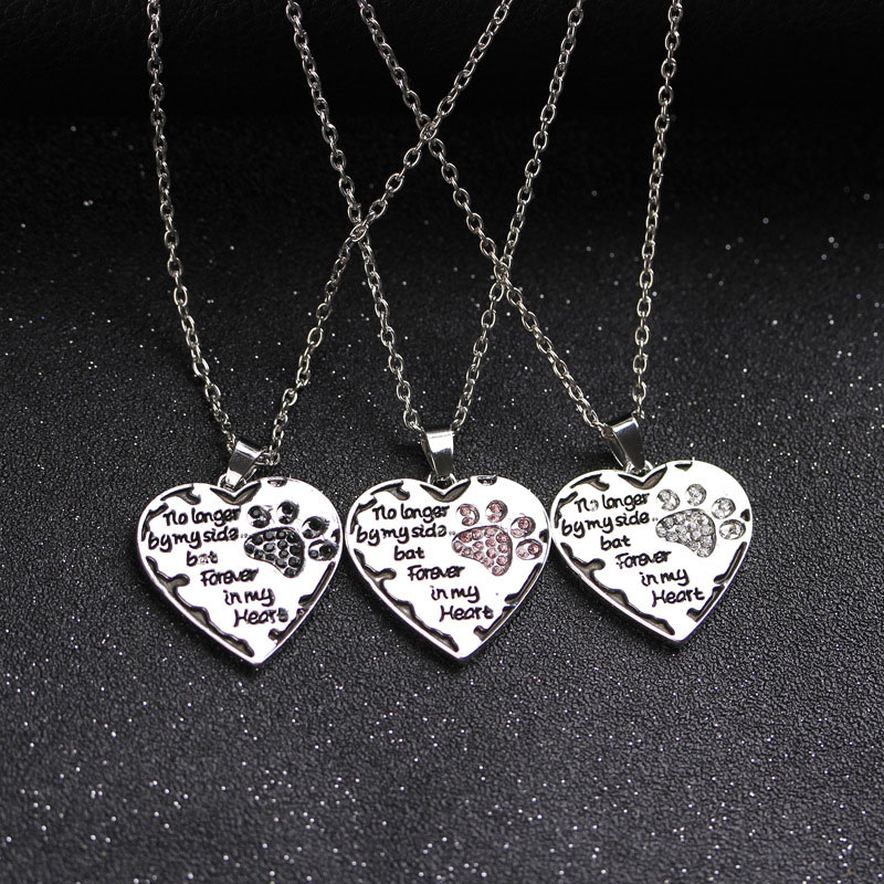 

No Longer By My Side But Forever in My Heart Crystal Dog Paw Heart Pendants Necklace Fashion Jewelry free shipping