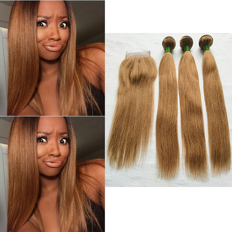 

Malaysian Peruvian #30 Color Straight 3 Wefts with 4x4 Lace Closure 100% Virgin Human Hair Weave Colored Bundles with Closure for Black Skin, #30 pure color