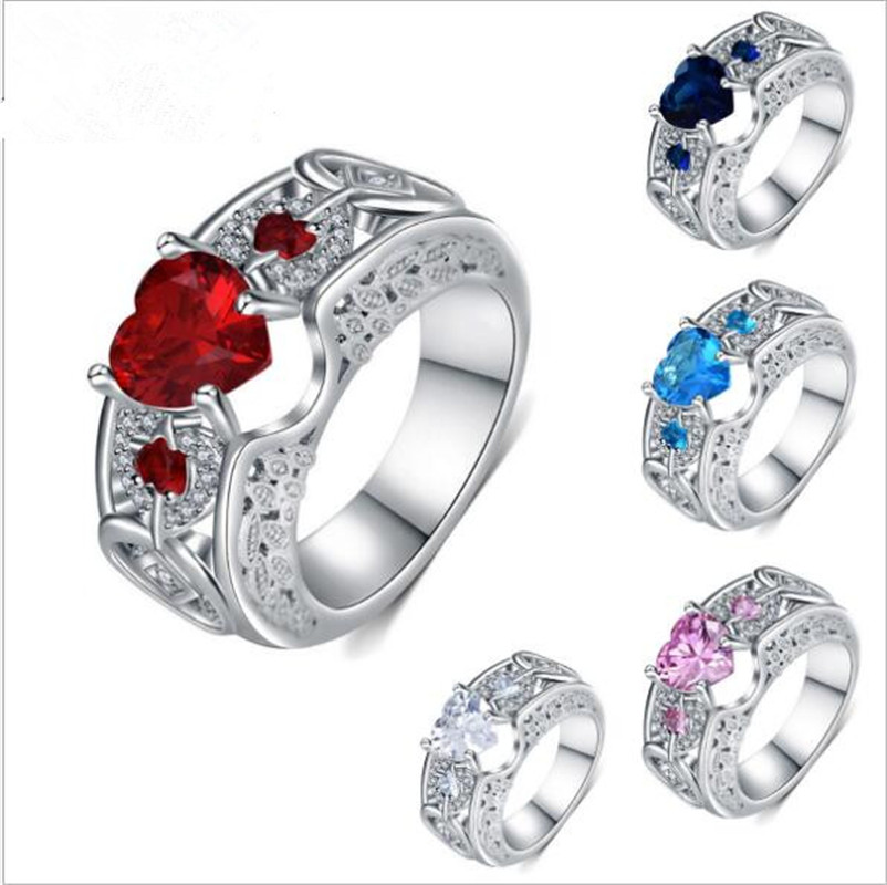 

Wholesale White Gold Plated Heart Shaped Zircon Engagement/Wedding Finger Ring Fashion Valentine's Day Gift Jewelry For Woman Mix Color
