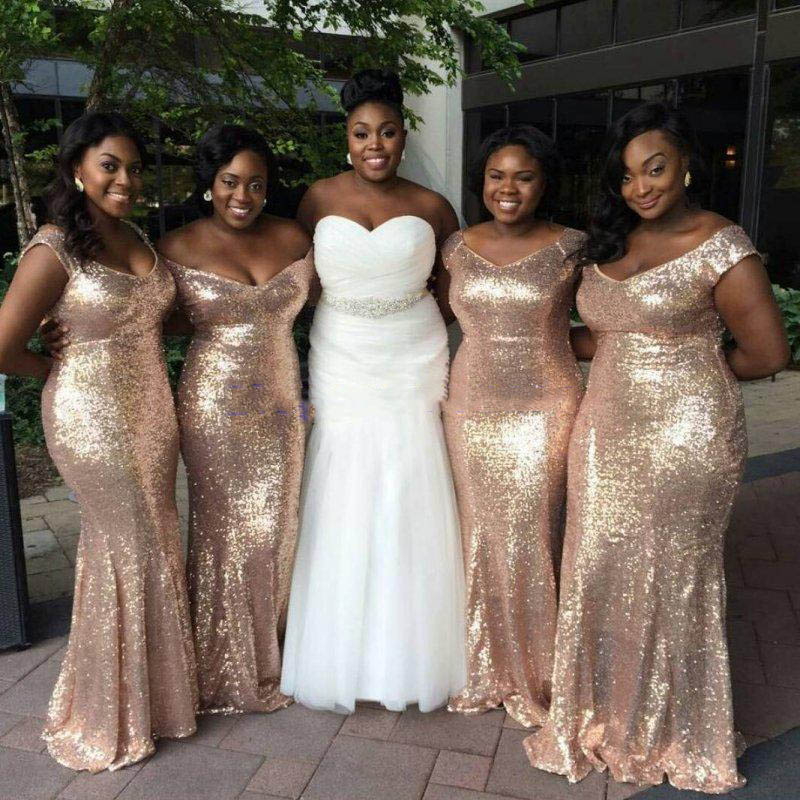 

Sparkly Rose Gold Mermaid Bridesmaid Dresses Off-Shoulder Sequins Backless Plus size Beach Wedding Party Dresses Custom Made