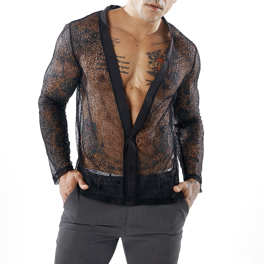

2018 Mens Personality Shirt new fashion brand clothing Blouse shirt Hip Hop Hollow Long Sleeve Top Blouse Long Sleeve top 1a08, Bk