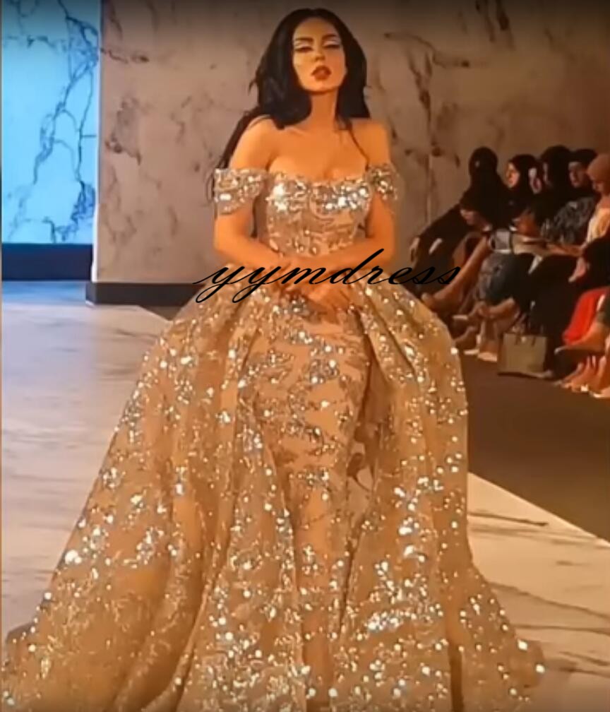 

Evening Dresses 2019 Yousef Aljasmi Dubai Arabic Bling Bling Gold Sequins Prom Gowns Detachable Overskirts Off Shoulder Mermaid Party Dress