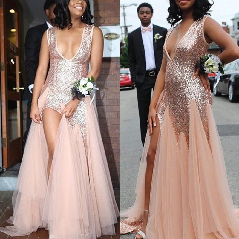 

Sexy Split 2018 Prom Dresses Deep V-Neck Sequins Sleeveless Fuffles Tulle Cocktail Dress Party Gowns Fashion African Long Prom Dress Cheap, Silver