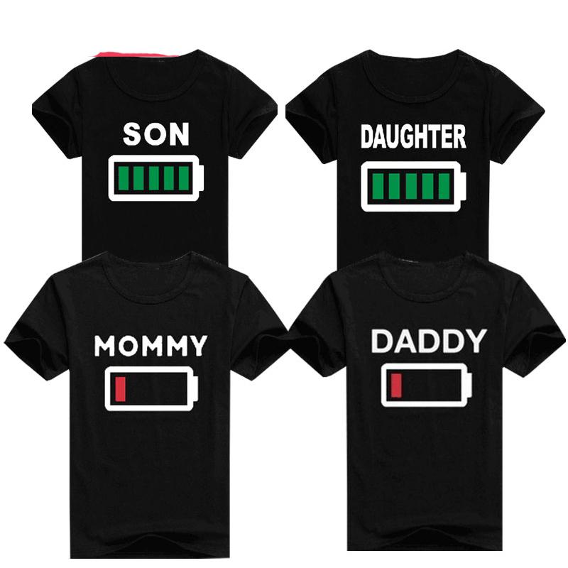 

Family Clothing Mommy Daughter Son Summer Battery T Shirt Father& Mother&Kids Matching Outfits Mother Clothes, White;black