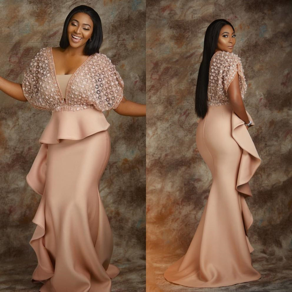 Robe de soirée rose perle 2024 africaine Arabie Saoudite dentelle pour femmes robe formelle gaine demi manches robes de bal célébrité robe de soi