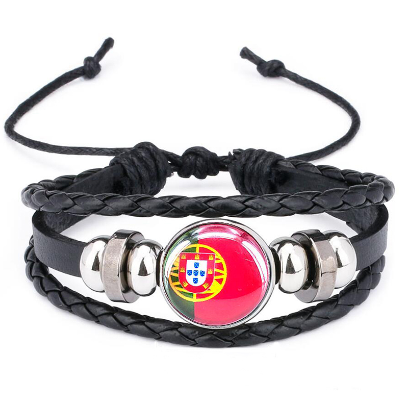 

2018 world cup Russian Spain France National Flag Cabochon Snap Charm Bracelet Adjust Size Leather Bracelet for Football Fans B18123, Golden;silver