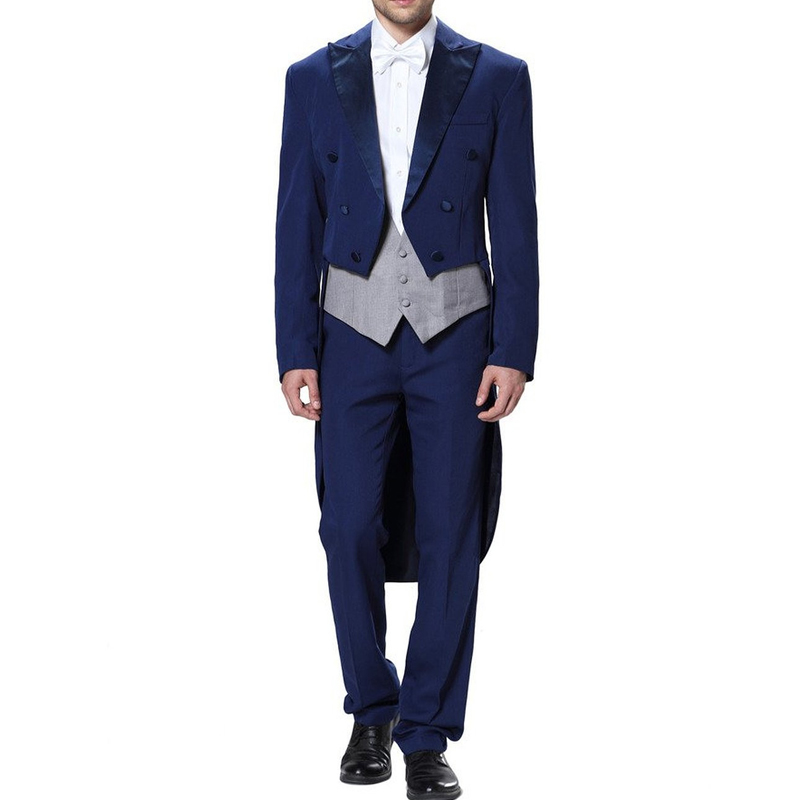 Royal Blue Wedding Tailcoat Three Piece Double Breasted Peaked Lapel Groom Wear Gray Vest Jacket Pants Evening Prom Men Suits