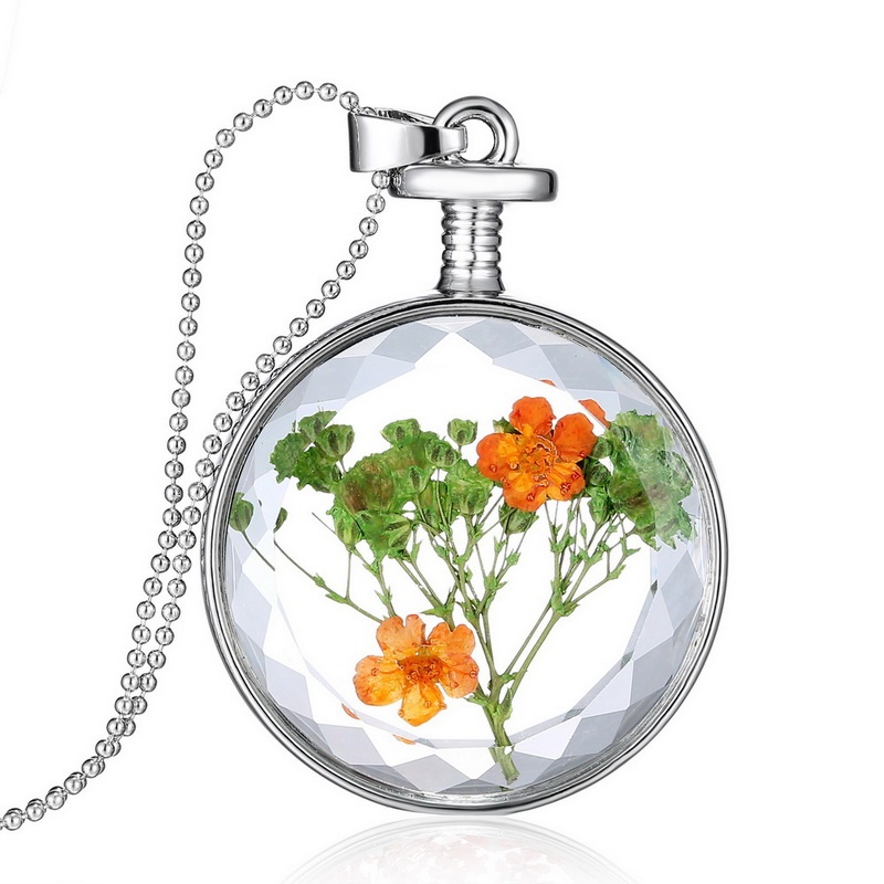 

Vintage Silver Color Jewelry Fashion Glass Statement Necklace for Women Newest Dry Flower Collares Birthday Gift