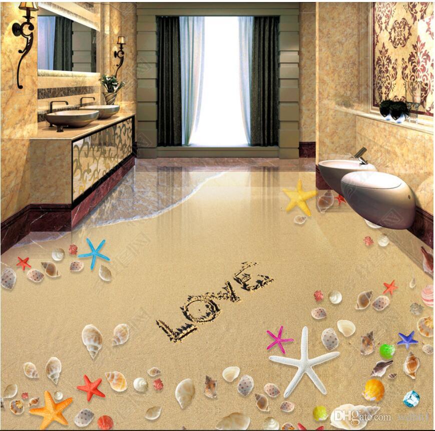 

3d pvc flooring custom photo Waterproof floor wall sticker Romantic beach starfish conch shell bathroom 3D floor tile murals wallpaper, Picture shows