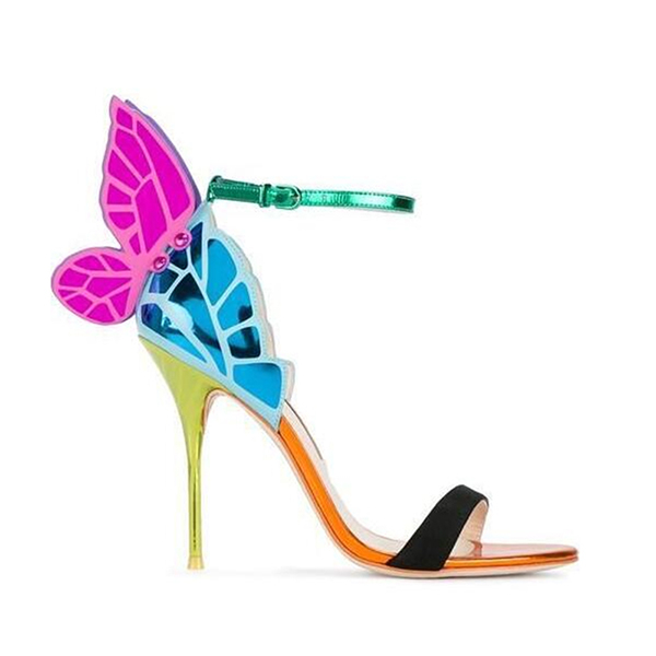 

Fashion Mixed Colors Mirrored Butterfly Heel Women Sandals Open Toe Stiletto Summer Shoes Angle Wings Ankle Buckle Strap Sandalia Feminina, As pic
