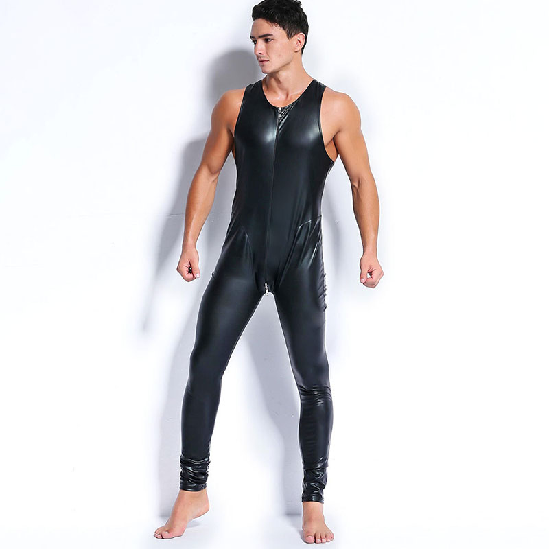 

Sexy Men Faux Latex Leather Bodysuits Fetish Gay Sissy Exotic Club Wear Jumpsuits Sleeveless Costumes Game Apparel Teddies Jumpsuits, Black
